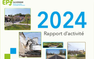 Image de la couverture du rapport d'activité 2024 de l'EPF Auvergne avec photos d'opérations réalisées dans l'année